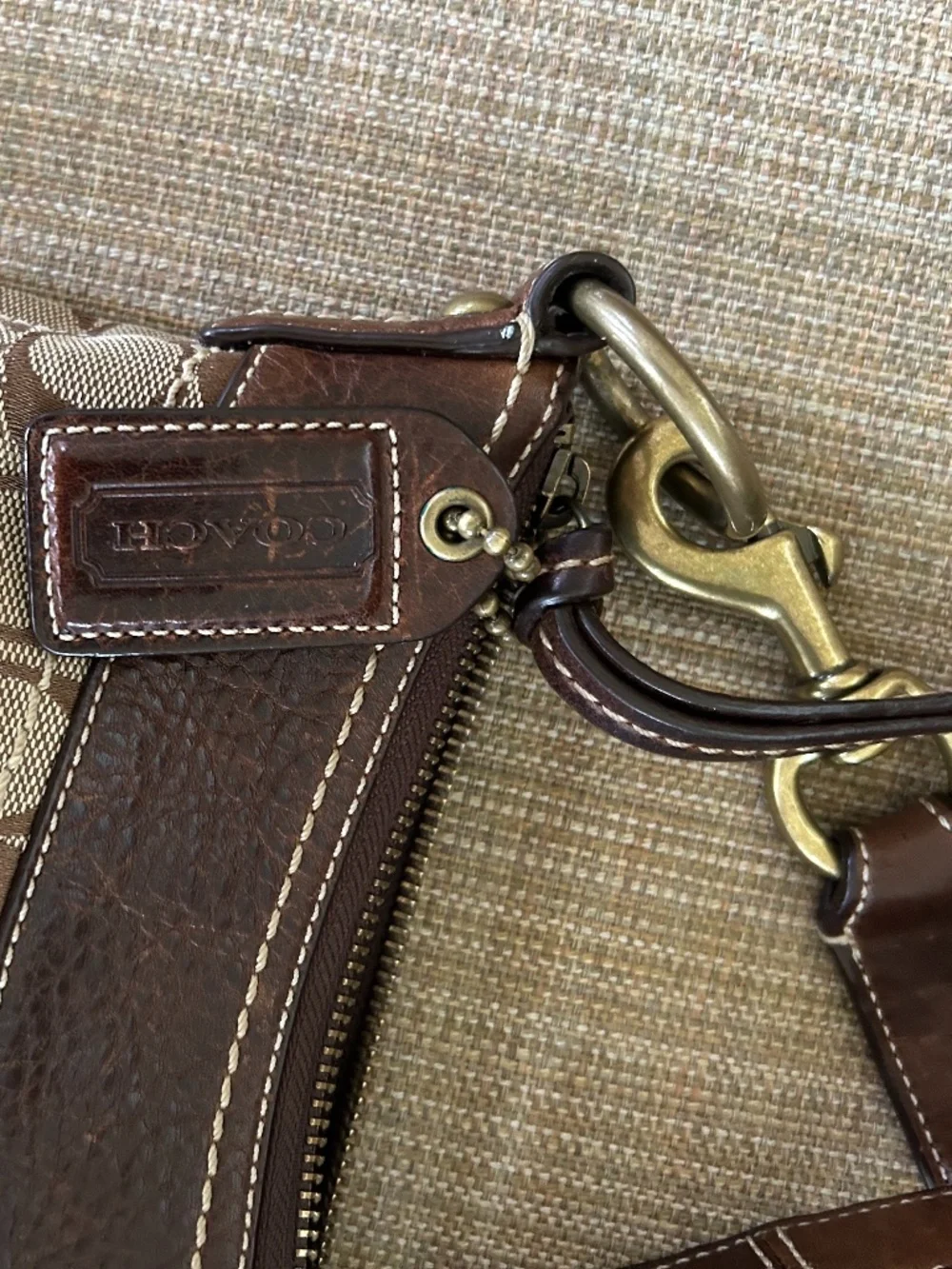 Coach Signature Tan and Brown Canvas Y2K Crossbody Bag With Leather Trim